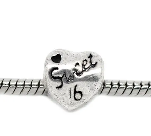 Sweet 16 Birthday Heart European Bead Compatible for Most European Snake Chain Bracelet
