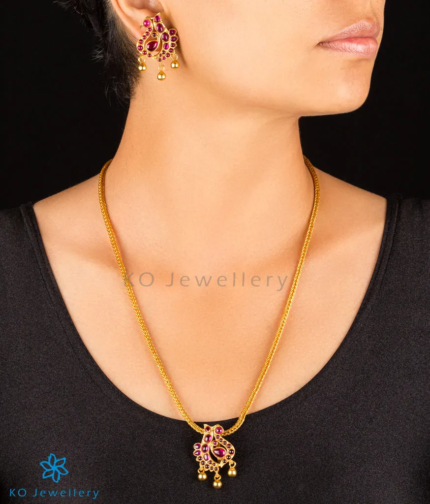 The Lasaka Silver Peacock Kempu Pendant Set