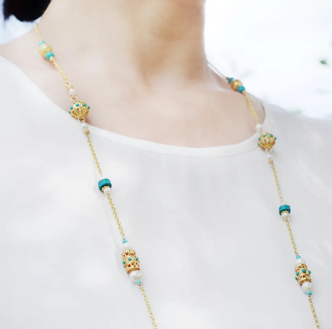 The Nine Antique Style Long Necklace and Earrings Set