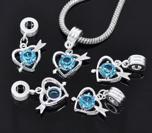 Tourquise Rhinestone Cupid Heart Dangle Charm European Bead Compatible for Most European Snake Chain Bracelet
