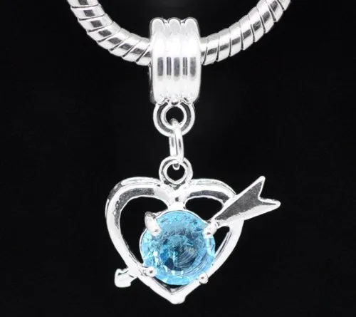 Tourquise Rhinestone Cupid Heart Dangle Charm European Bead Compatible for Most European Snake Chain Bracelet