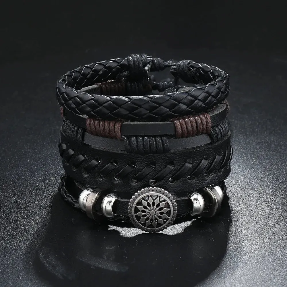 Trendy Compass Man Leather Bracelets set Black Hand Woven Bracelet for Men 4pcs/set DIY Male Jewelry Gift New Pulsera Hombre