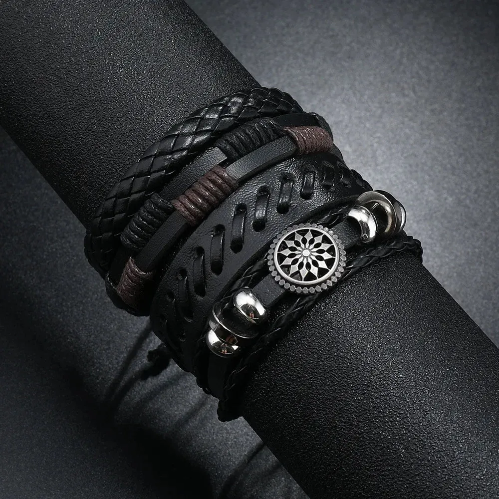 Trendy Compass Man Leather Bracelets set Black Hand Woven Bracelet for Men 4pcs/set DIY Male Jewelry Gift New Pulsera Hombre