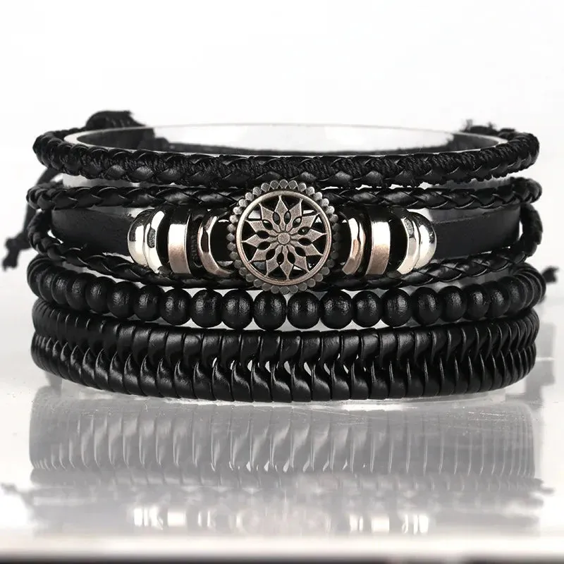 Trendy Compass Man Leather Bracelets set Black Hand Woven Bracelet for Men 4pcs/set DIY Male Jewelry Gift New Pulsera Hombre
