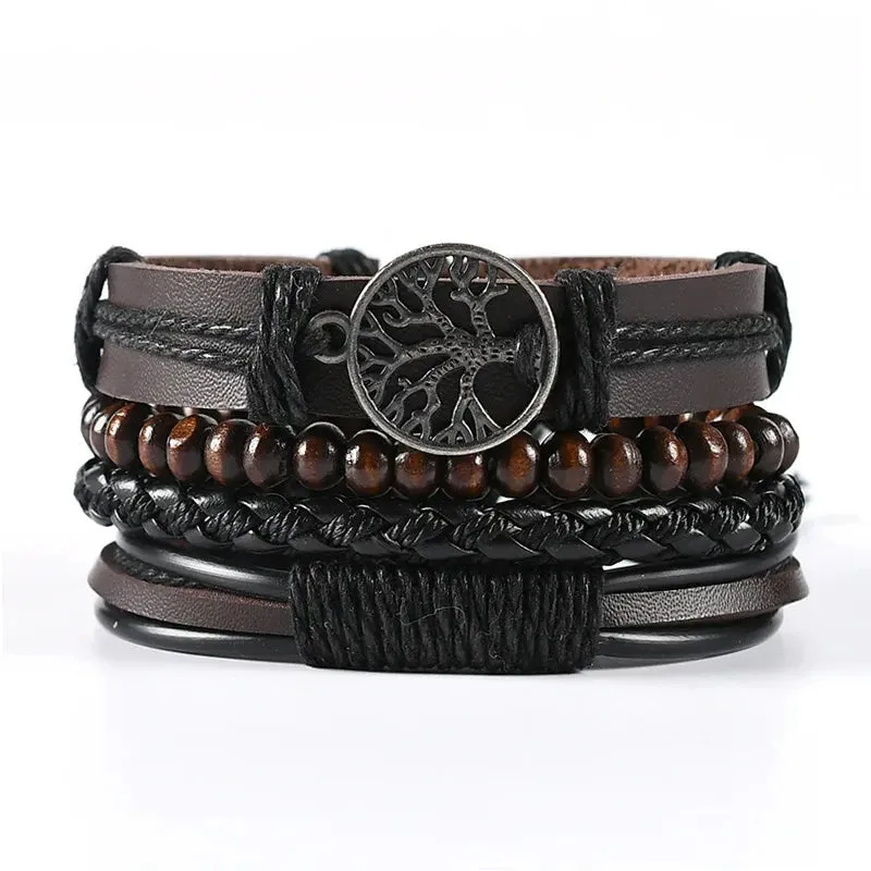 Trendy Compass Man Leather Bracelets set Black Hand Woven Bracelet for Men 4pcs/set DIY Male Jewelry Gift New Pulsera Hombre