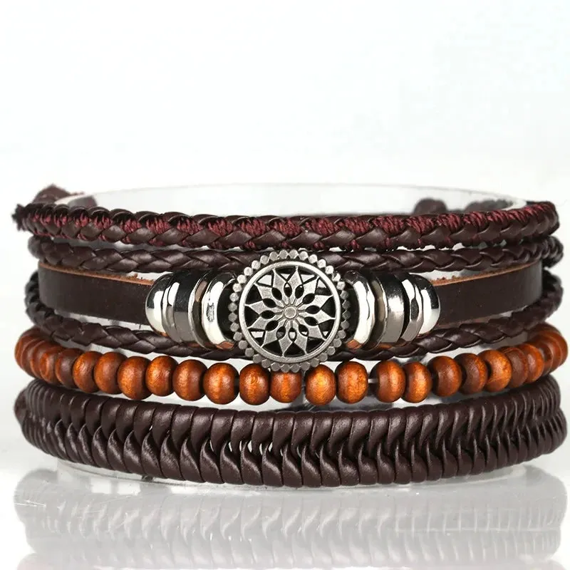 Trendy Compass Man Leather Bracelets set Black Hand Woven Bracelet for Men 4pcs/set DIY Male Jewelry Gift New Pulsera Hombre