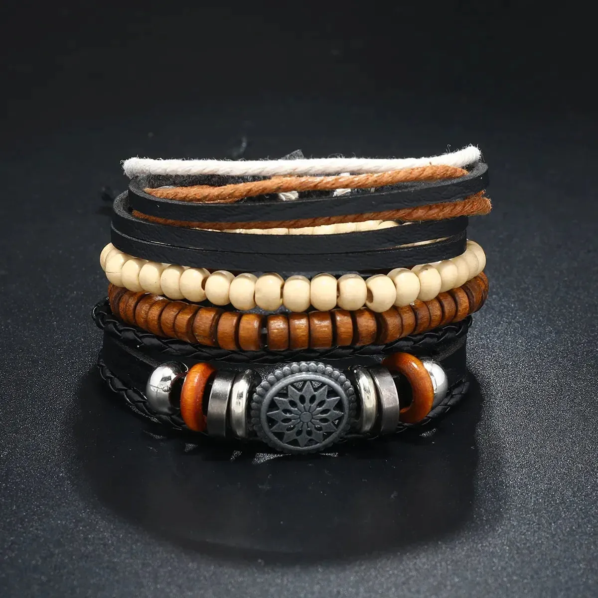 Trendy Compass Man Leather Bracelets set Black Hand Woven Bracelet for Men 4pcs/set DIY Male Jewelry Gift New Pulsera Hombre