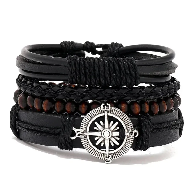Trendy Compass Man Leather Bracelets set Black Hand Woven Bracelet for Men 4pcs/set DIY Male Jewelry Gift New Pulsera Hombre