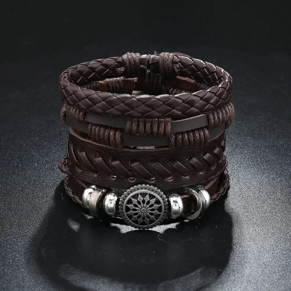 Trendy Compass Man Leather Bracelets set Black Hand Woven Bracelet for Men 4pcs/set DIY Male Jewelry Gift New Pulsera Hombre