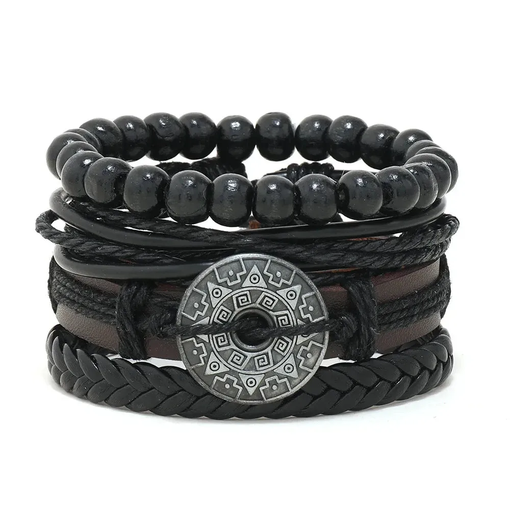 Trendy Compass Man Leather Bracelets set Black Hand Woven Bracelet for Men 4pcs/set DIY Male Jewelry Gift New Pulsera Hombre