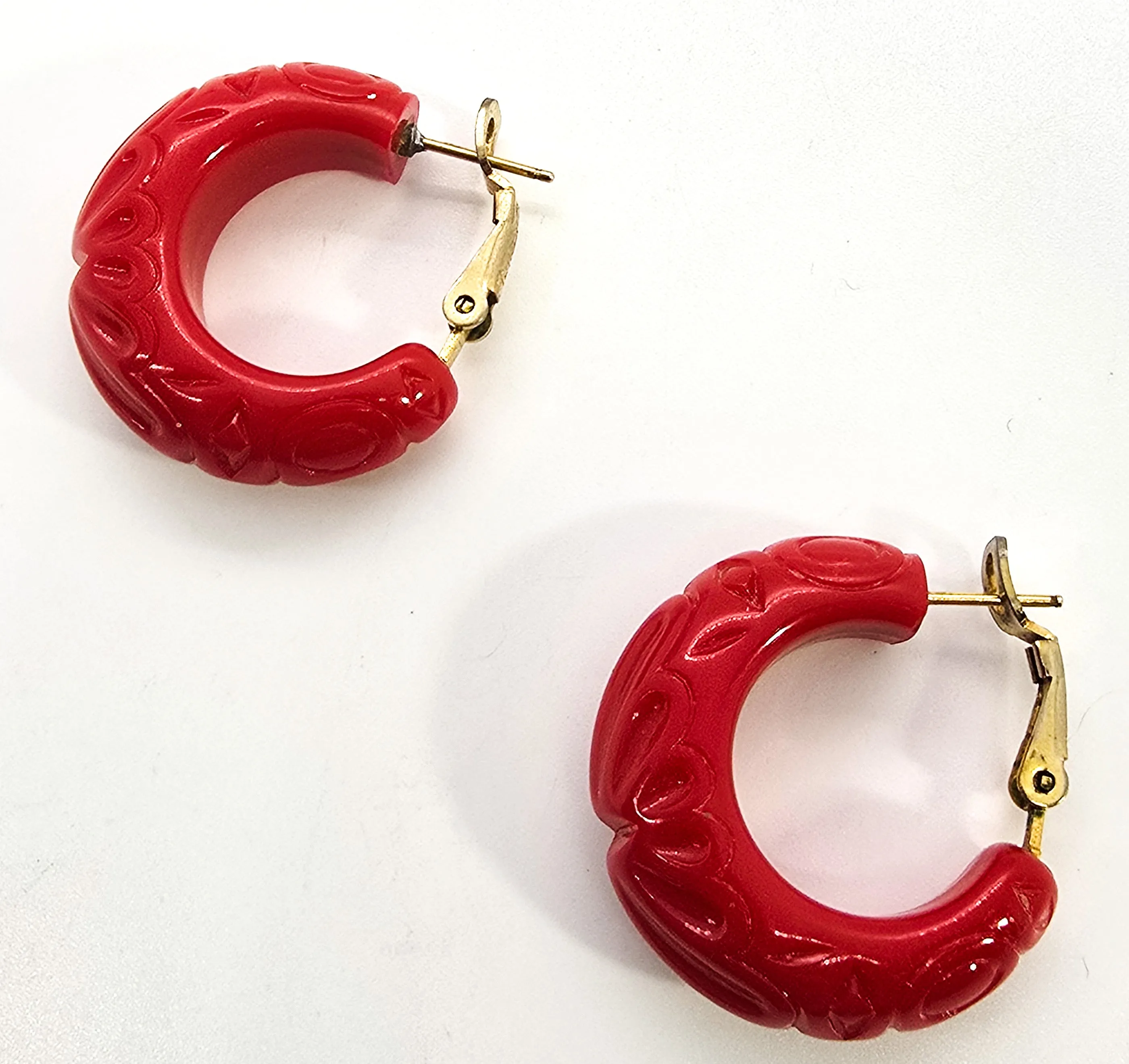 Trifari Cherry Red Lucite thick molded hoop signed earrings
