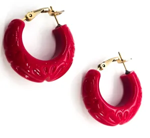 Trifari Cherry Red Lucite thick molded hoop signed earrings