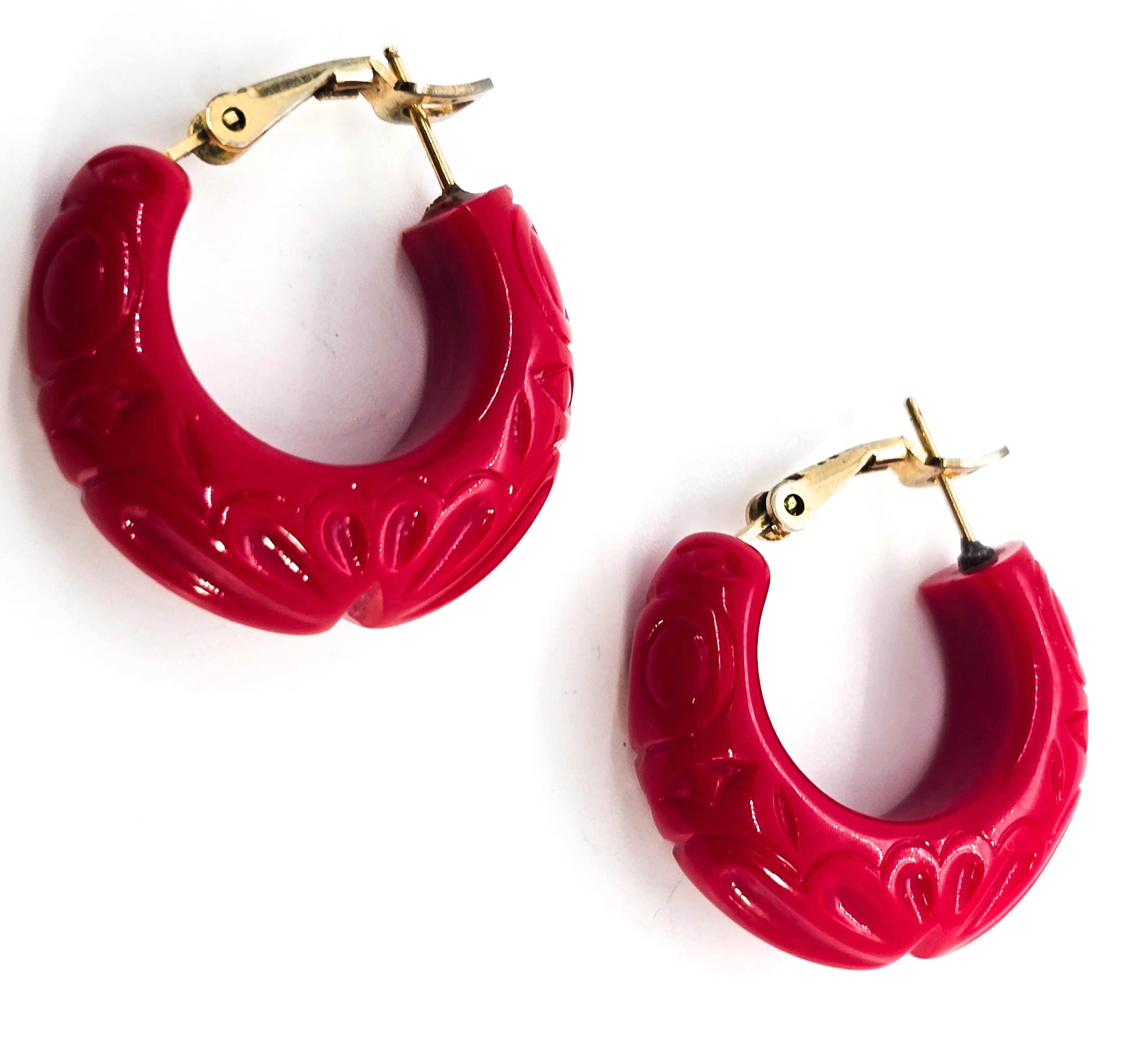 Trifari Cherry Red Lucite thick molded hoop signed earrings