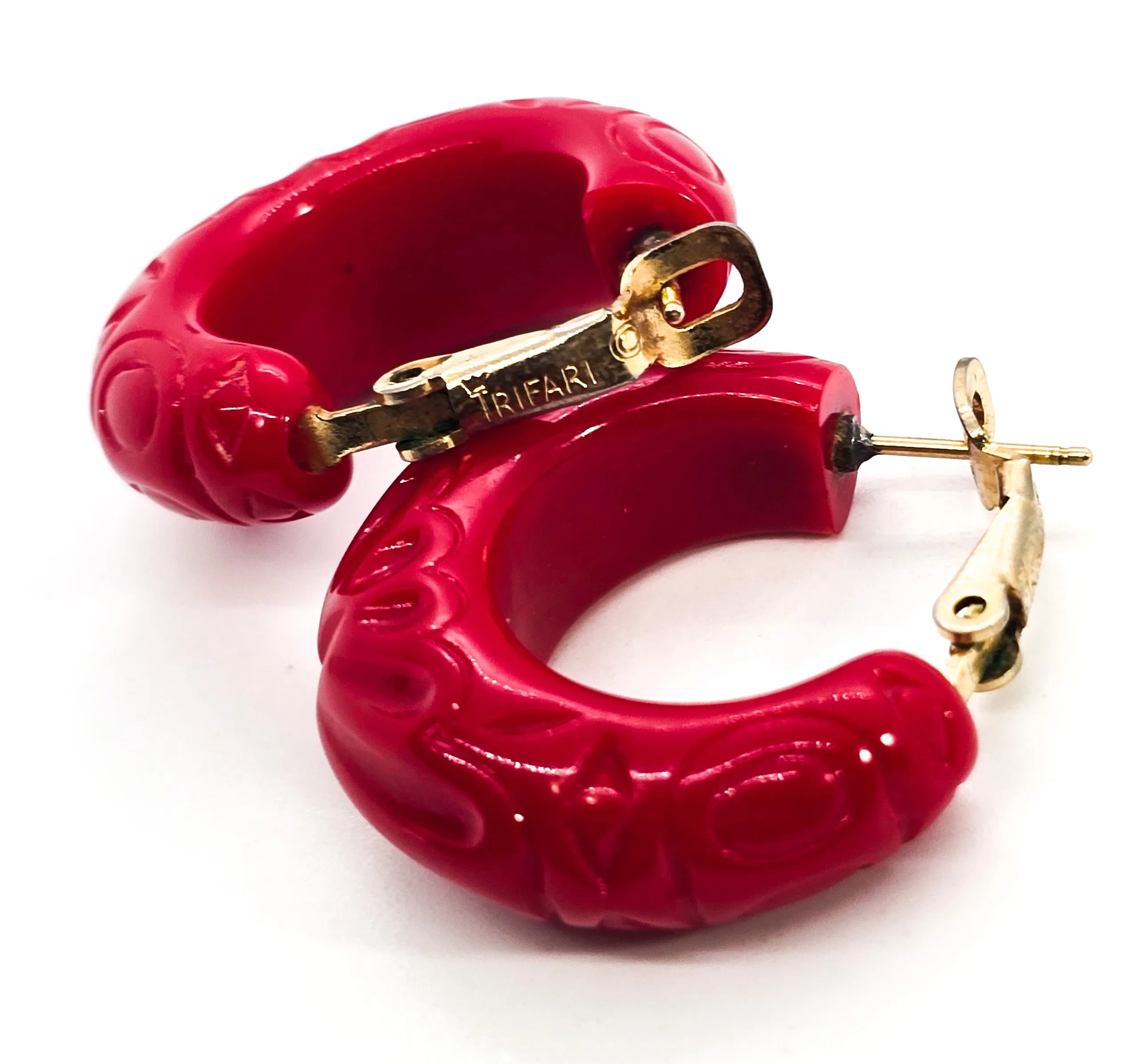 Trifari Cherry Red Lucite thick molded hoop signed earrings