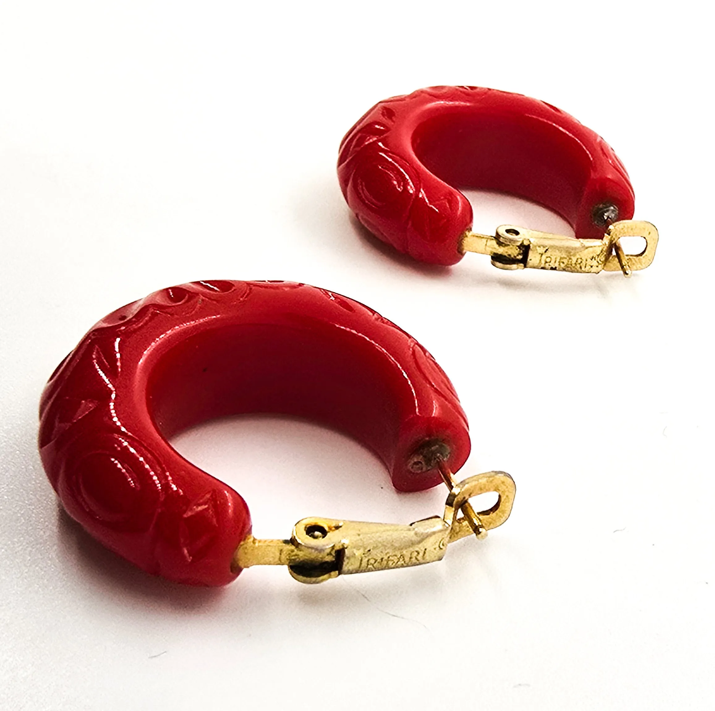 Trifari Cherry Red Lucite thick molded hoop signed earrings