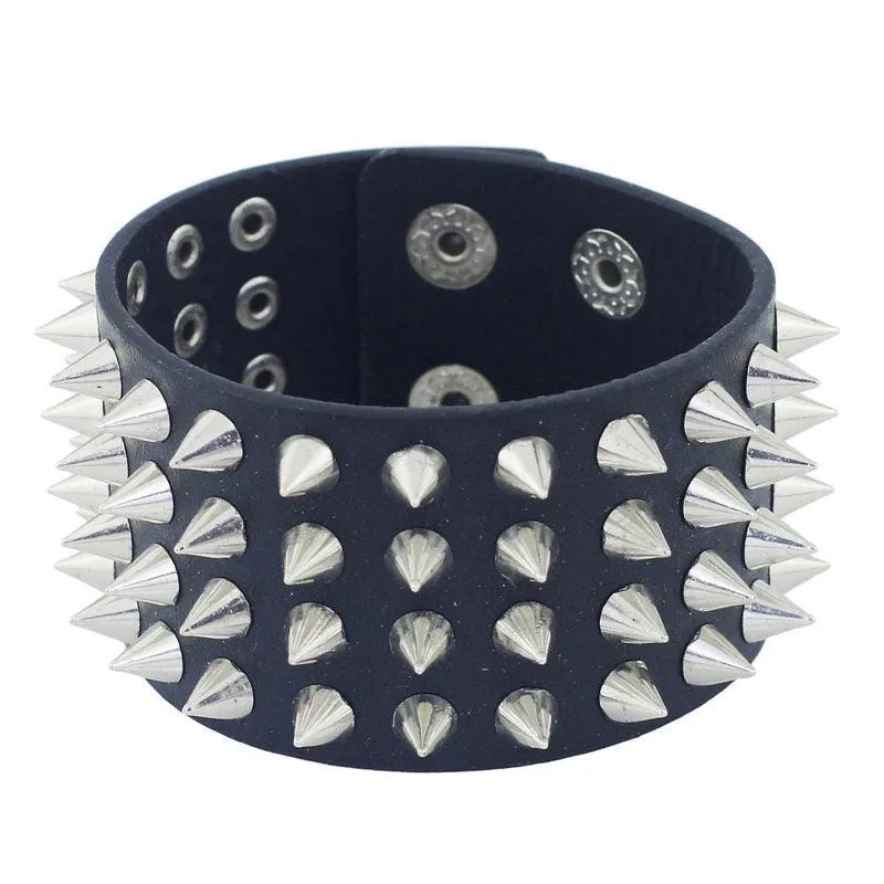 Unique Four Row Cuspidal Spikes Rivet Stud Wide Cuff Leather Gothic Rock Unisex Bangle Bracelet