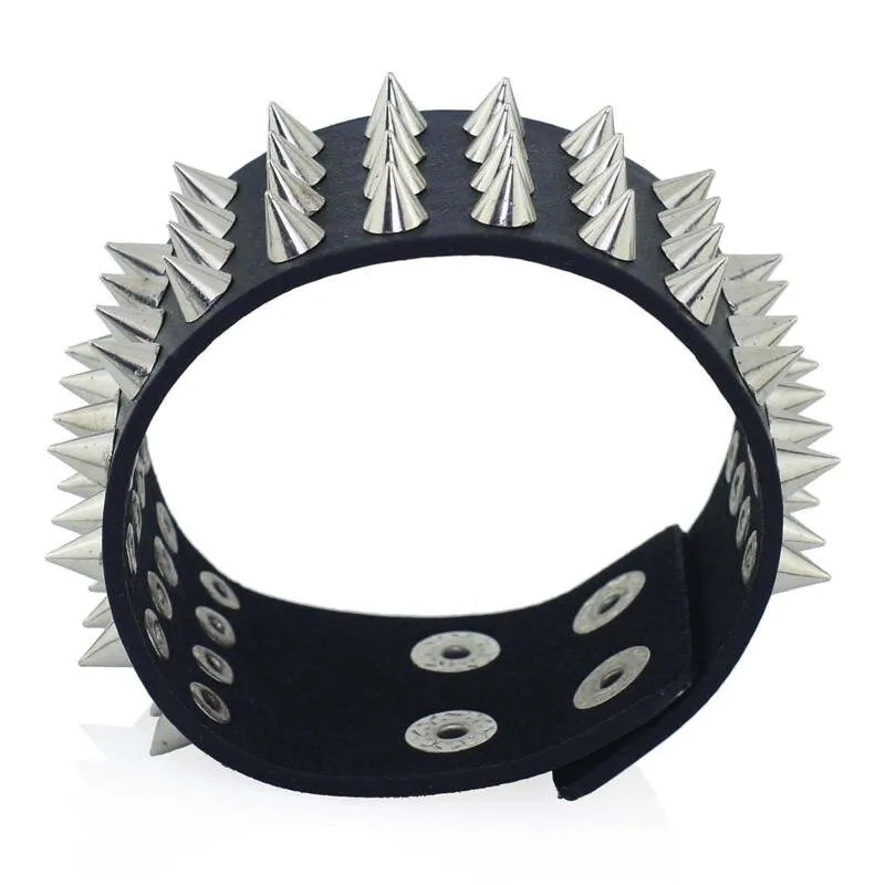 Unique Four Row Cuspidal Spikes Rivet Stud Wide Cuff Leather Gothic Rock Unisex Bangle Bracelet
