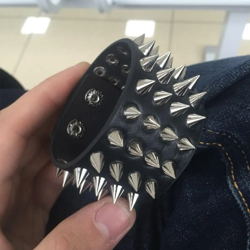 Unique Four Row Cuspidal Spikes Rivet Stud Wide Cuff Leather Gothic Rock Unisex Bangle Bracelet