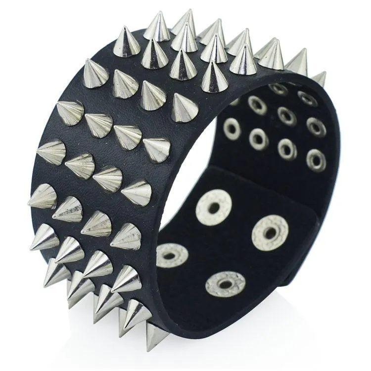 Unique Four Row Cuspidal Spikes Rivet Stud Wide Cuff Leather Gothic Rock Unisex Bangle Bracelet