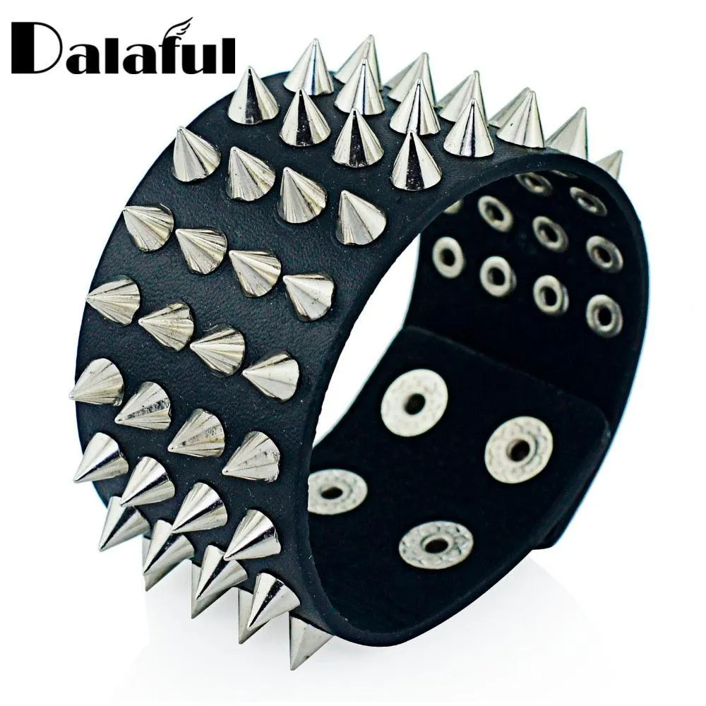 Unique Four Row Cuspidal Spikes Rivet Stud Wide Cuff Leather Gothic Rock Unisex Bangle Bracelet
