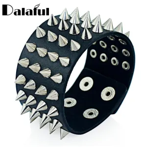 Unique Four Row Cuspidal Spikes Rivet Stud Wide Cuff Leather Gothic Rock Unisex Bangle Bracelet