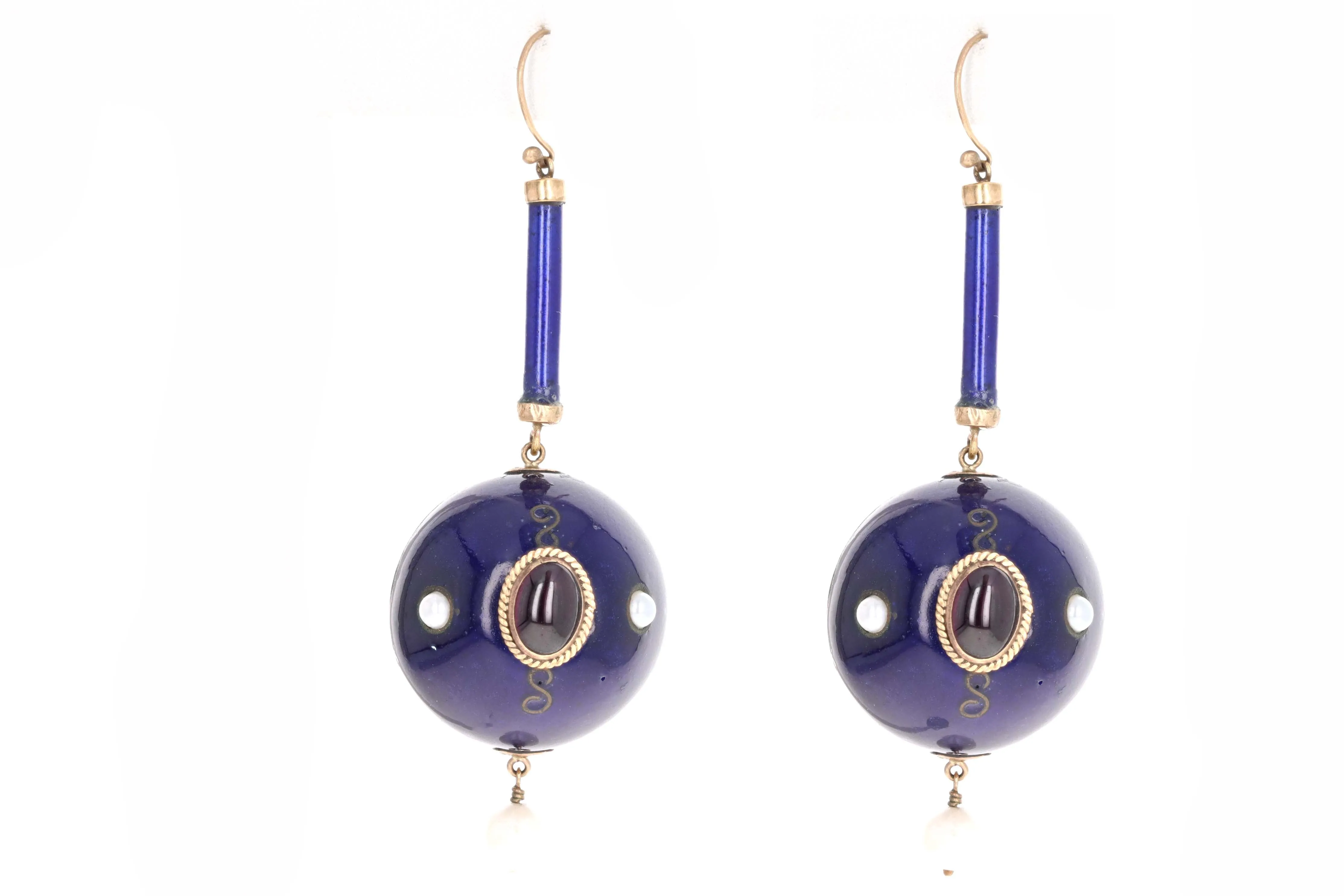 Victorian Blue Enamel Garnet Amethyst Pearl 9ct Gold Orb Drop Earrings