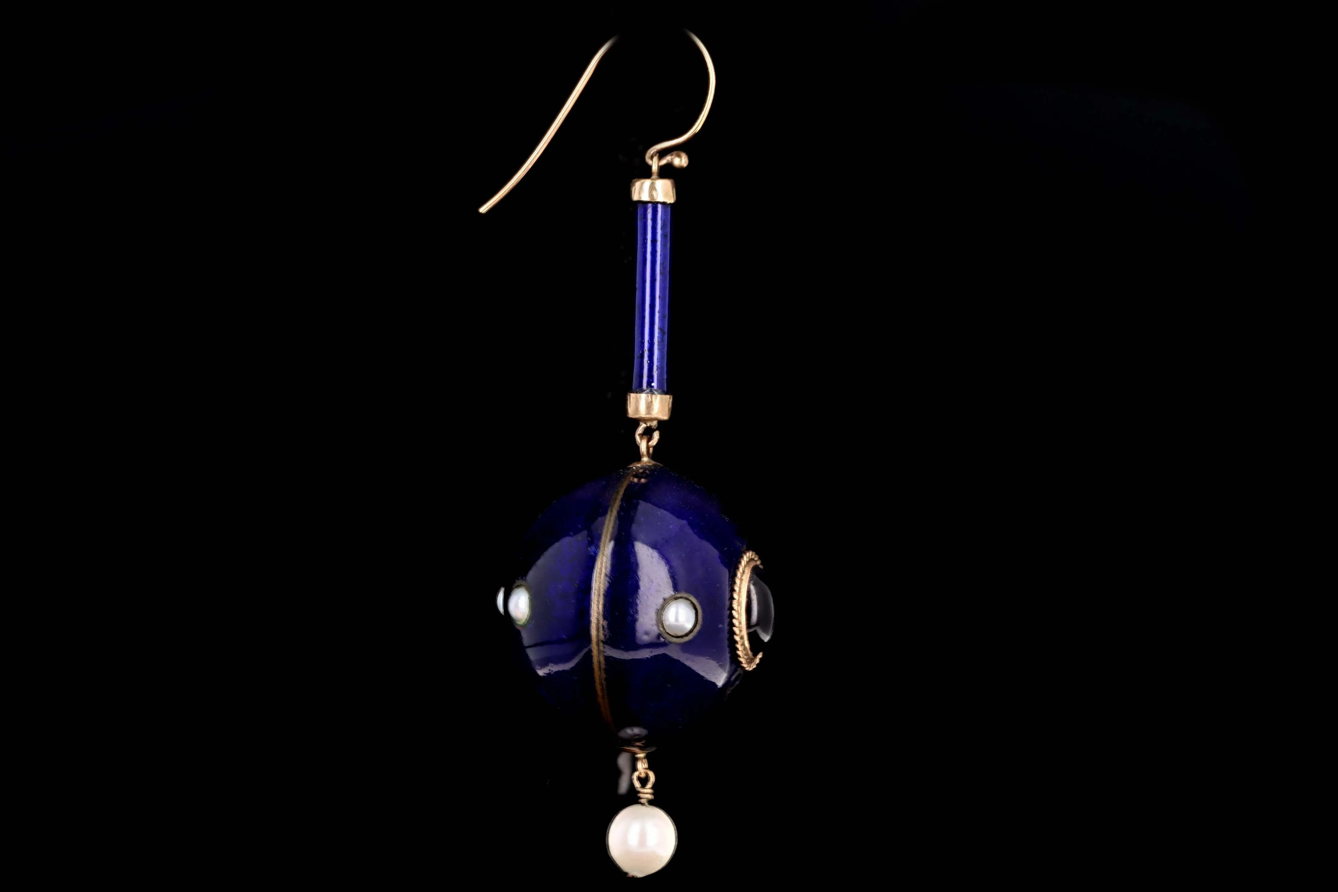 Victorian Blue Enamel Garnet Amethyst Pearl 9ct Gold Orb Drop Earrings