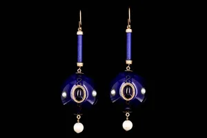 Victorian Blue Enamel Garnet Amethyst Pearl 9ct Gold Orb Drop Earrings