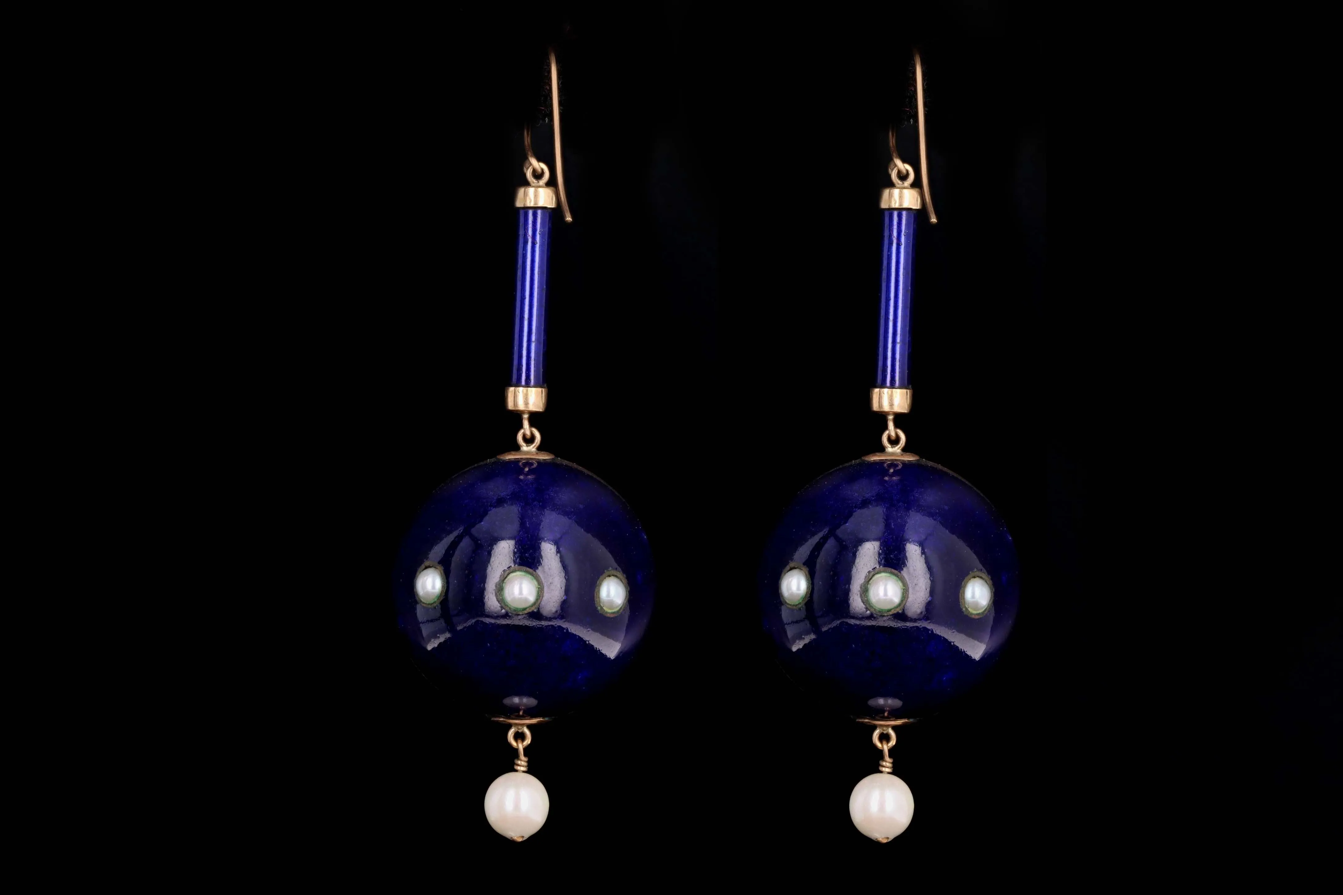 Victorian Blue Enamel Garnet Amethyst Pearl 9ct Gold Orb Drop Earrings