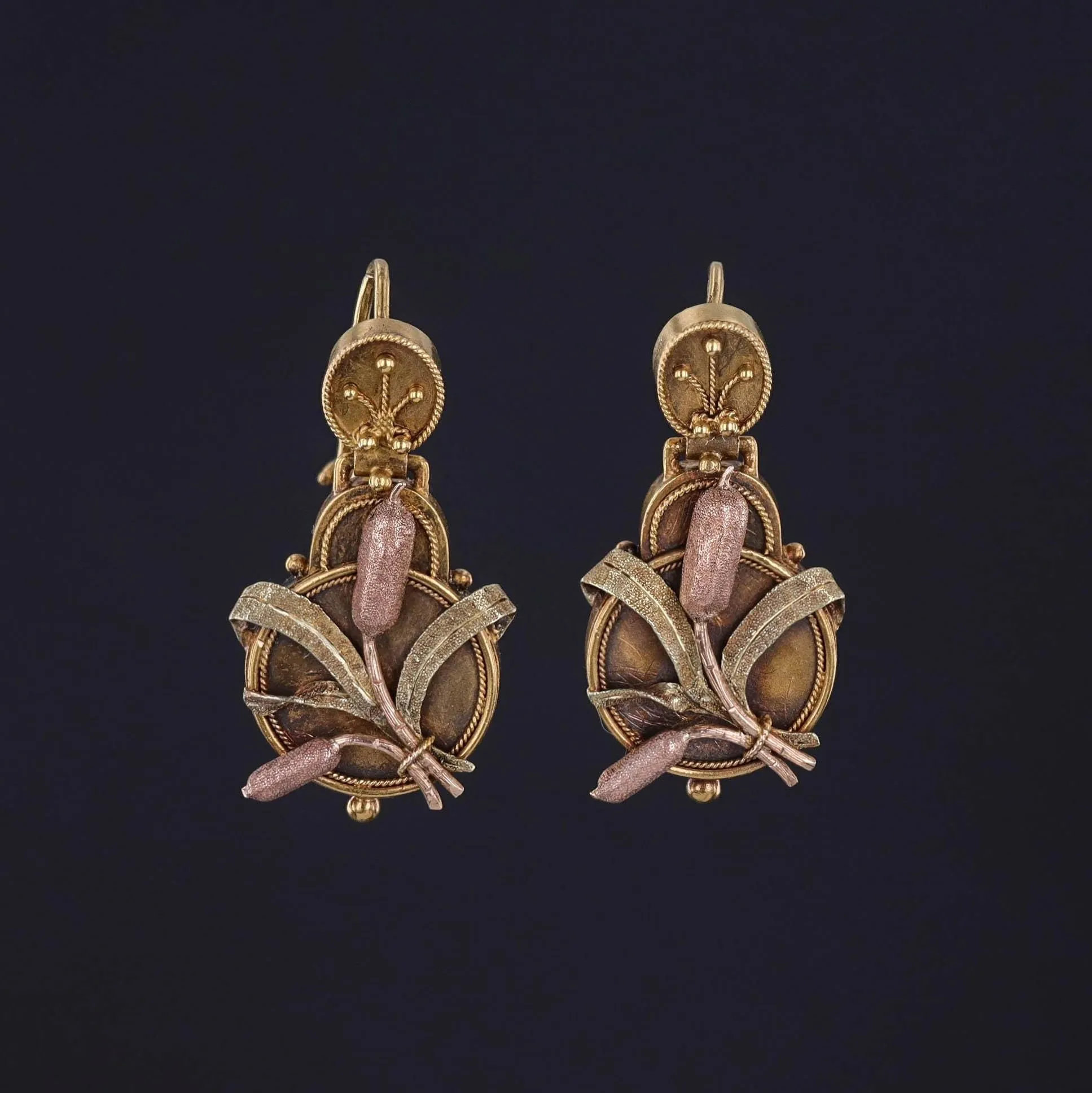 Victorian Cattail Earrings of 14k Gold