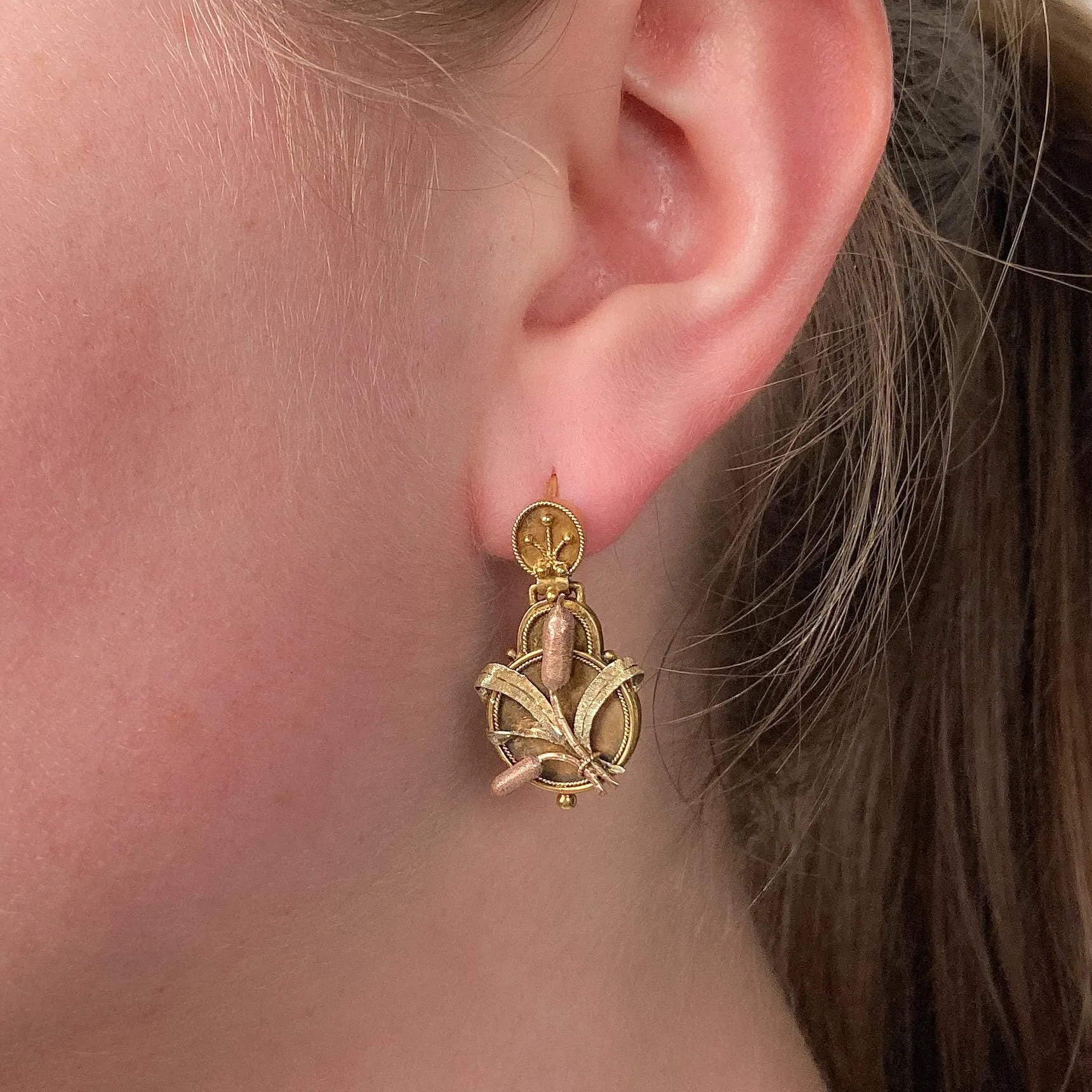 Victorian Cattail Earrings of 14k Gold