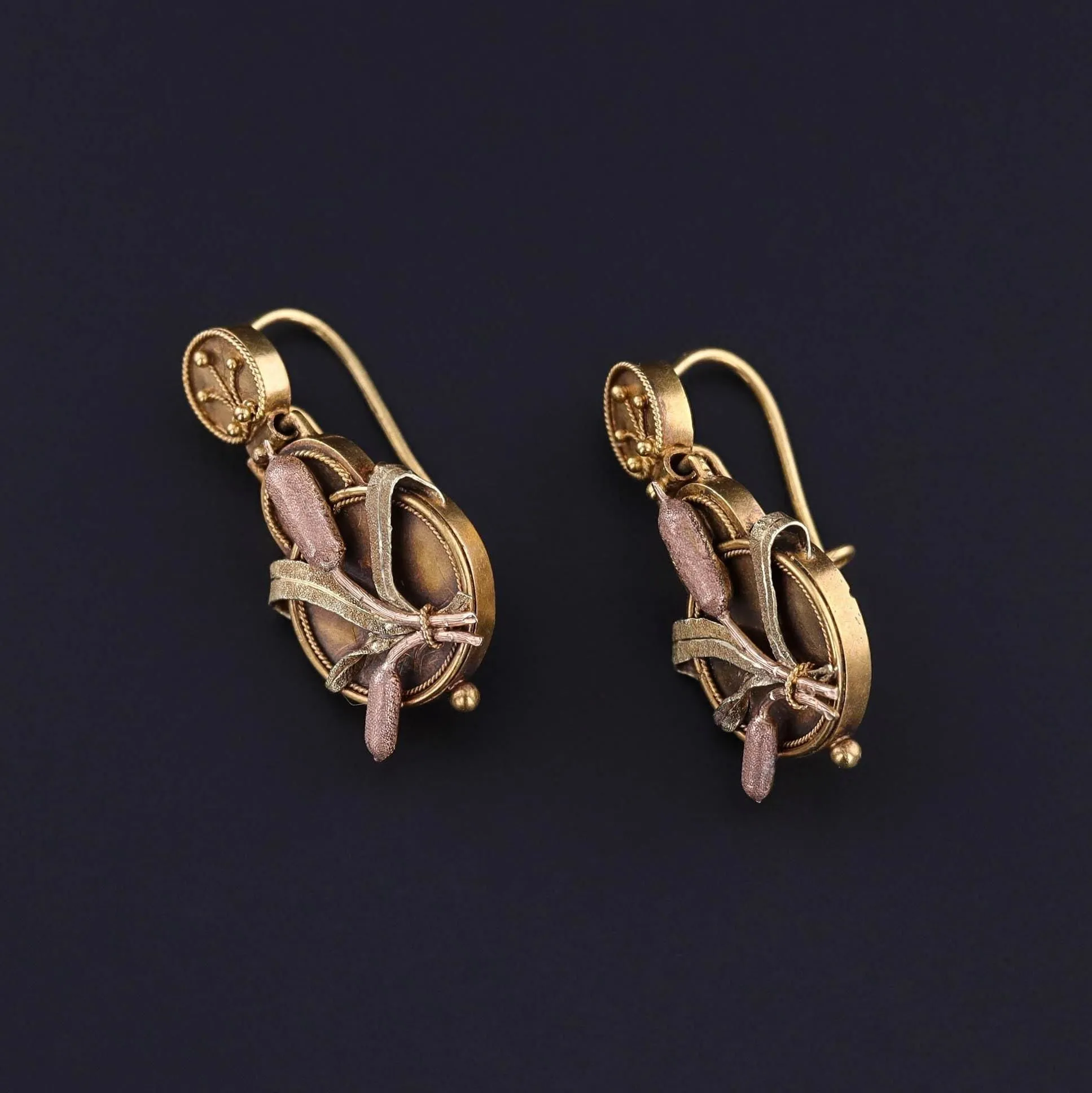 Victorian Cattail Earrings of 14k Gold