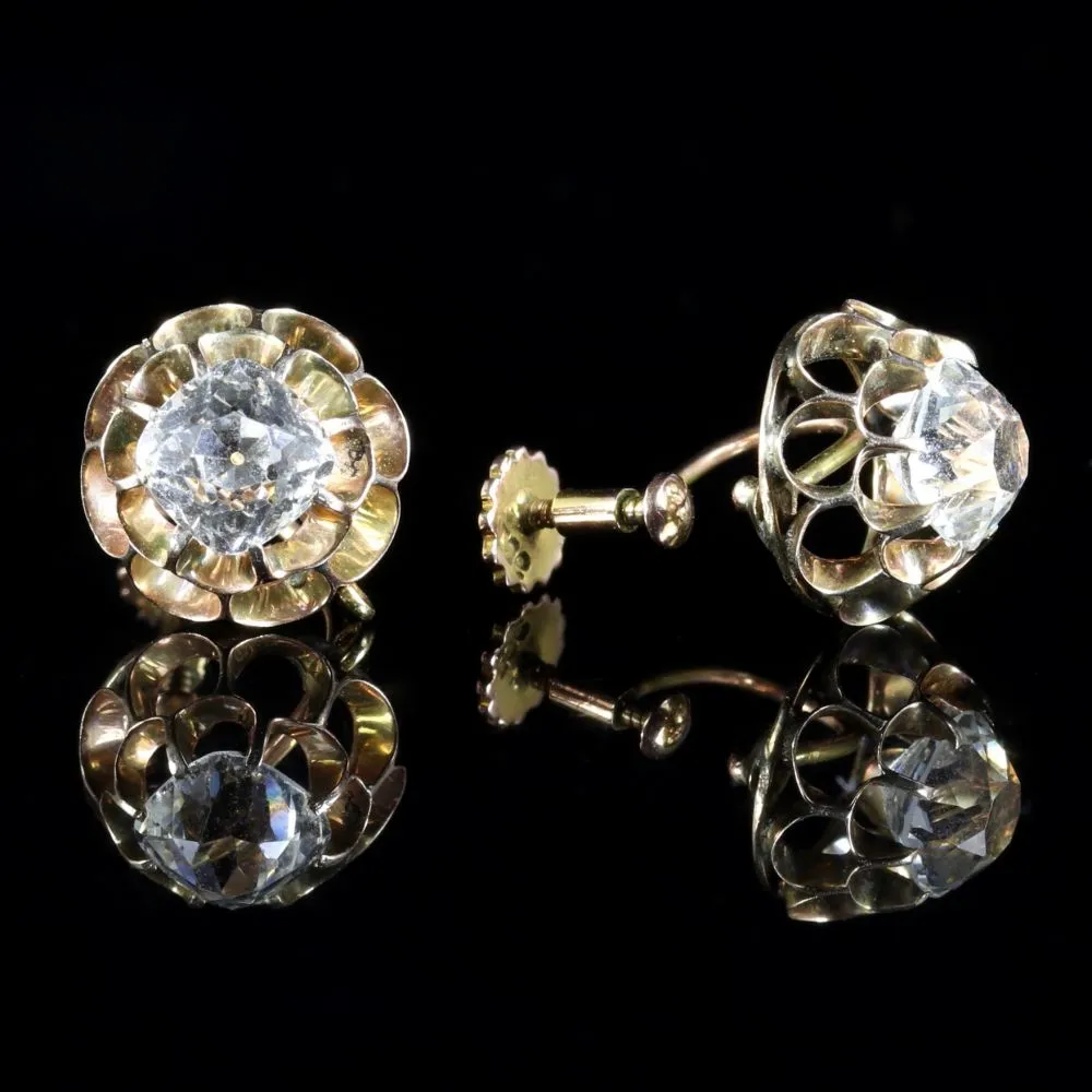 Victorian Cushion Cut Paste Gold Screw Earrings Circa 1860
