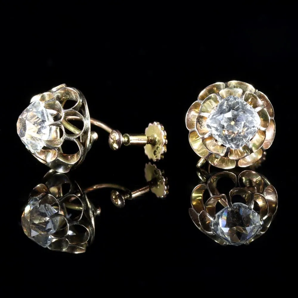 Victorian Cushion Cut Paste Gold Screw Earrings Circa 1860