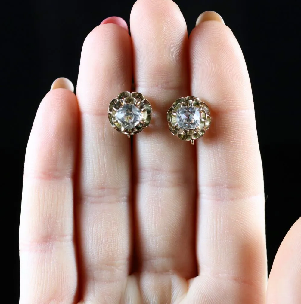 Victorian Cushion Cut Paste Gold Screw Earrings Circa 1860