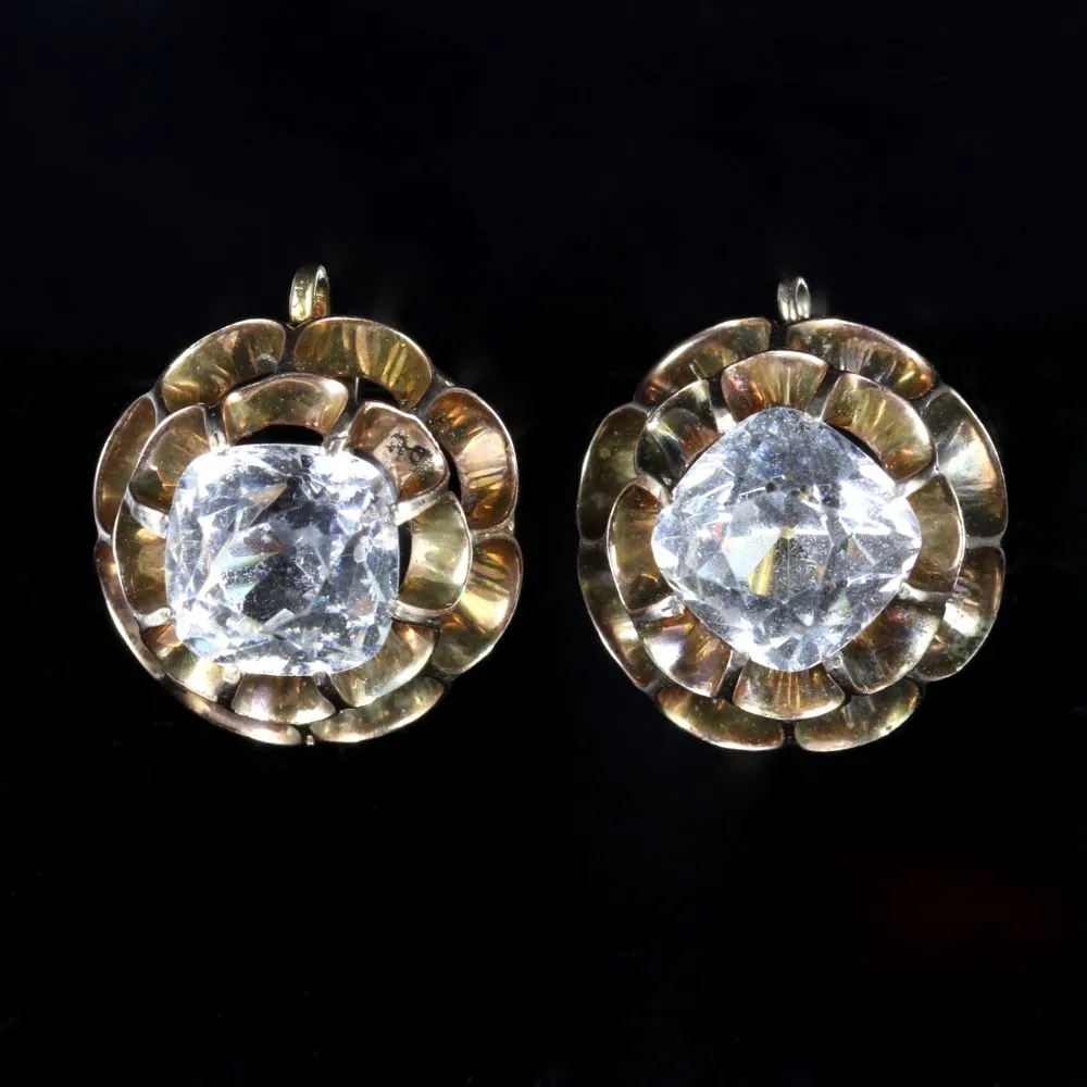 Victorian Cushion Cut Paste Gold Screw Earrings Circa 1860