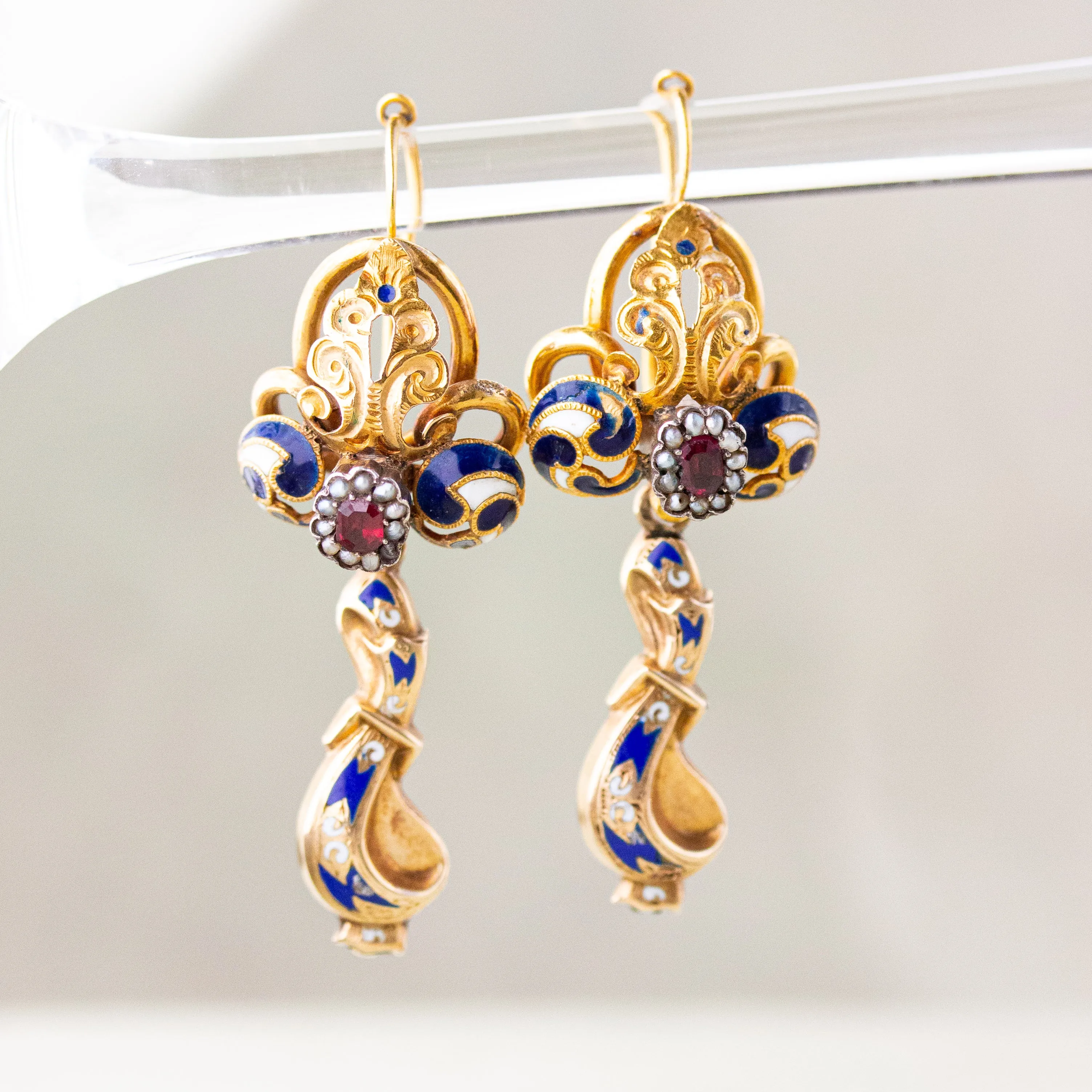 Victorian Garnet, Pearl & Enamel Repousse Earrings, 14k