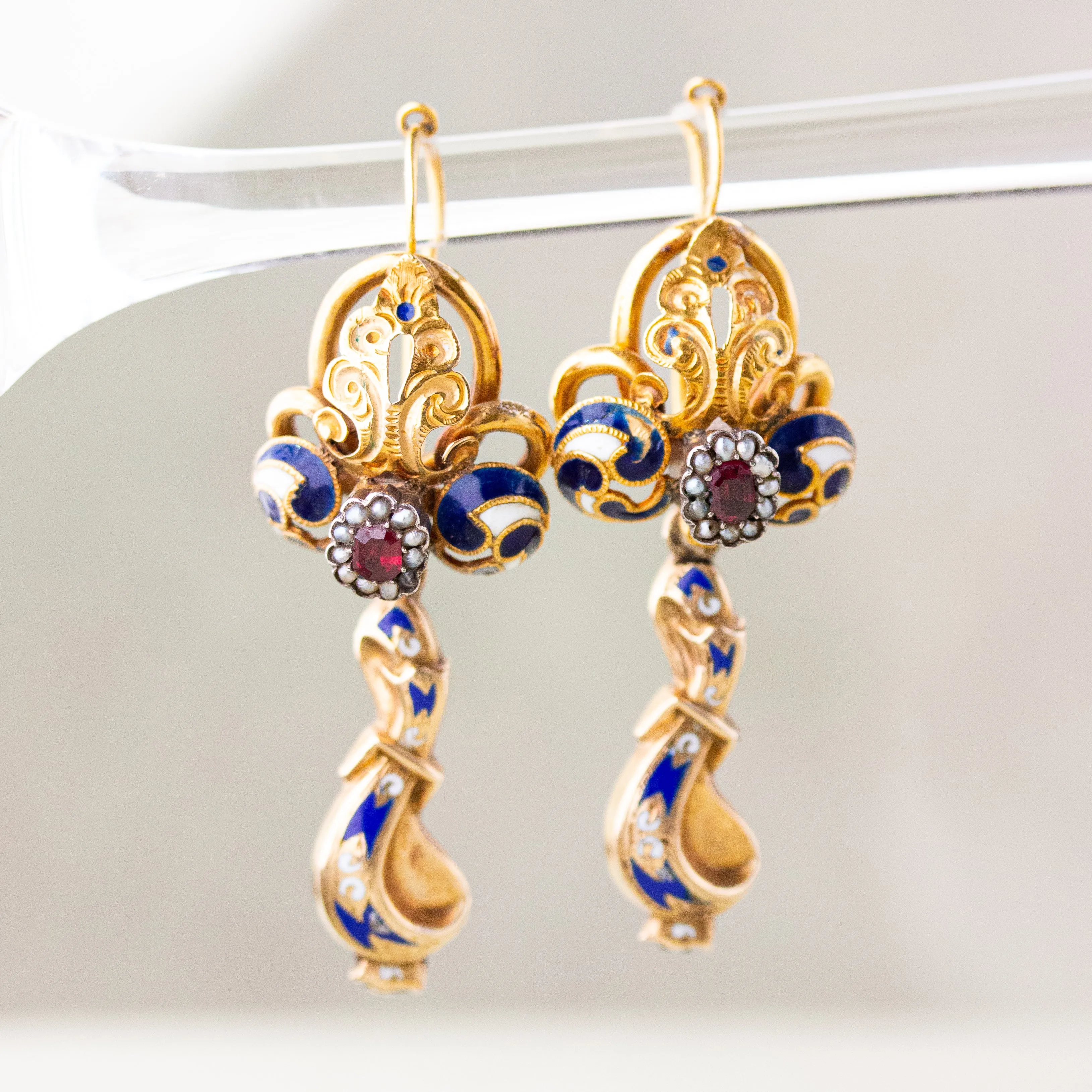 Victorian Garnet, Pearl & Enamel Repousse Earrings, 14k