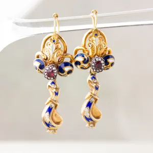 Victorian Garnet, Pearl & Enamel Repousse Earrings, 14k