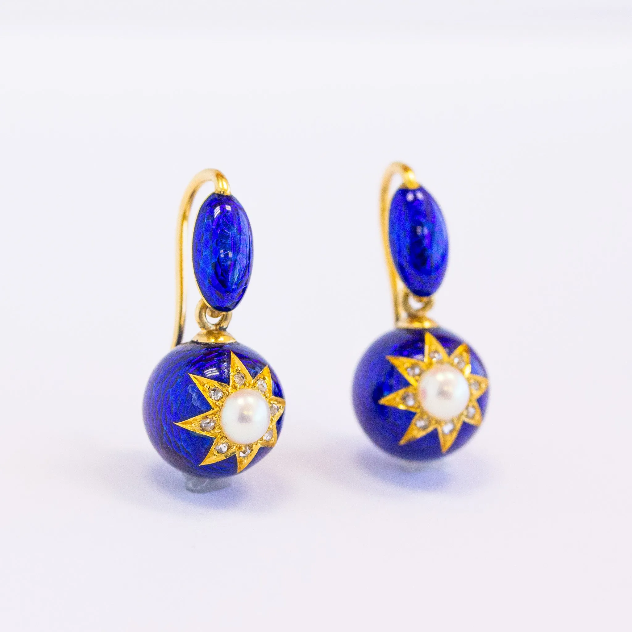 Victorian Pearl & Royal Blue Guilloche Enamel Ball Earrings, 18k