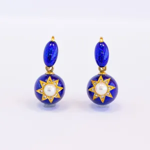 Victorian Pearl & Royal Blue Guilloche Enamel Ball Earrings, 18k