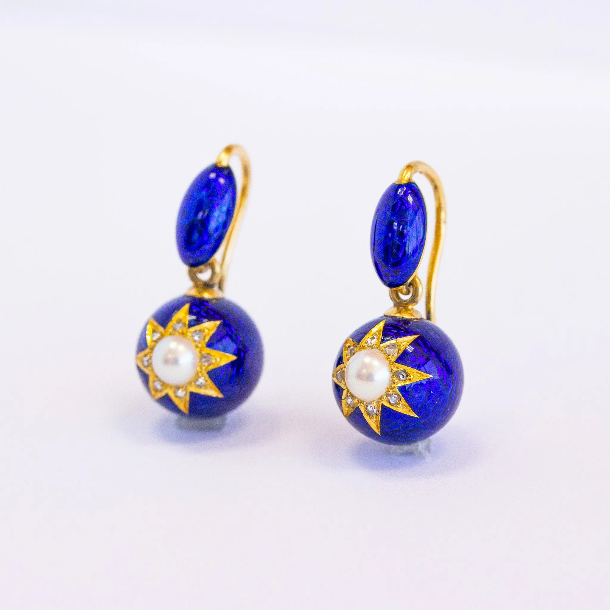 Victorian Pearl & Royal Blue Guilloche Enamel Ball Earrings, 18k