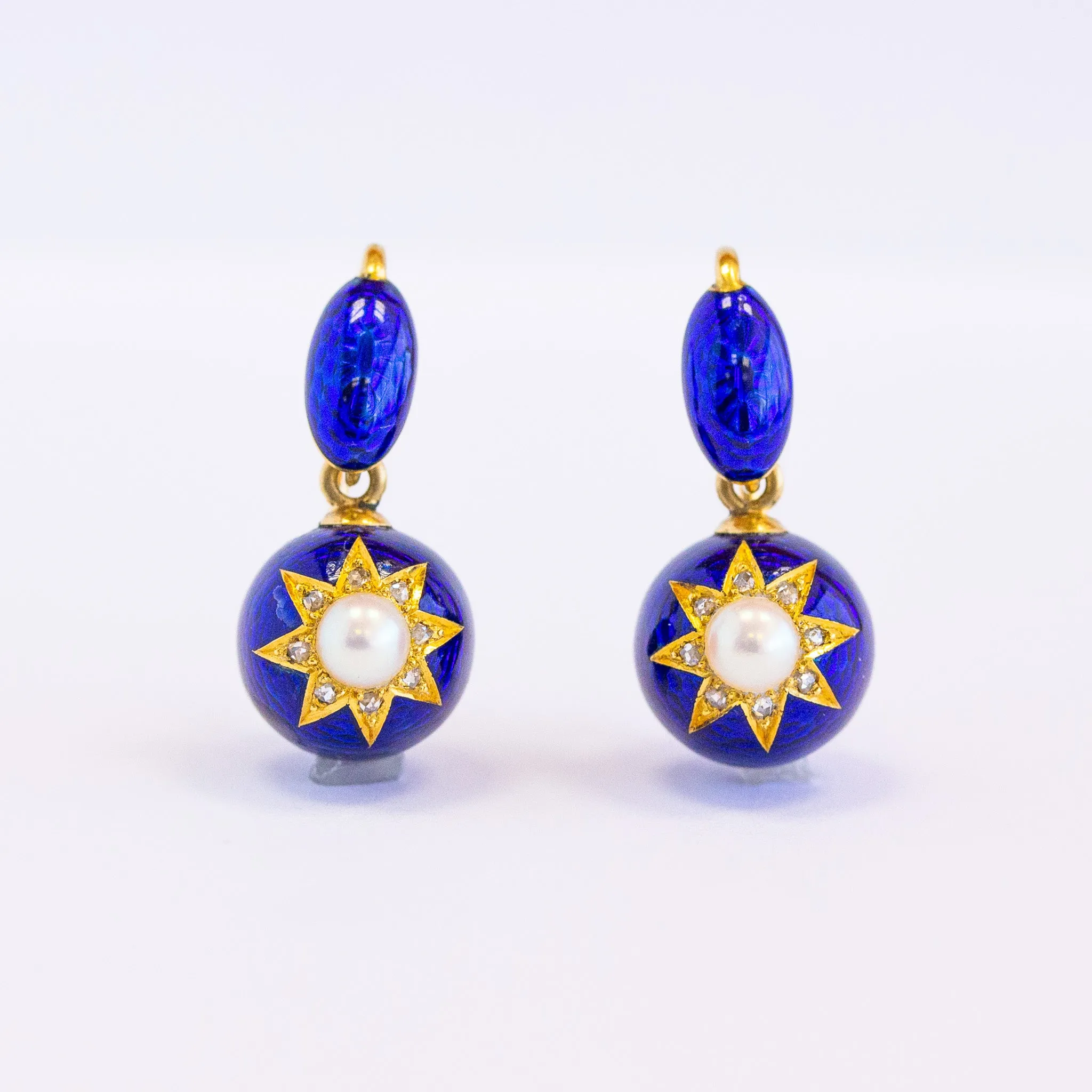 Victorian Pearl & Royal Blue Guilloche Enamel Ball Earrings, 18k