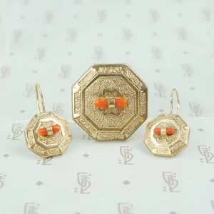 Victorian Pin and Earrings Set with Coral
