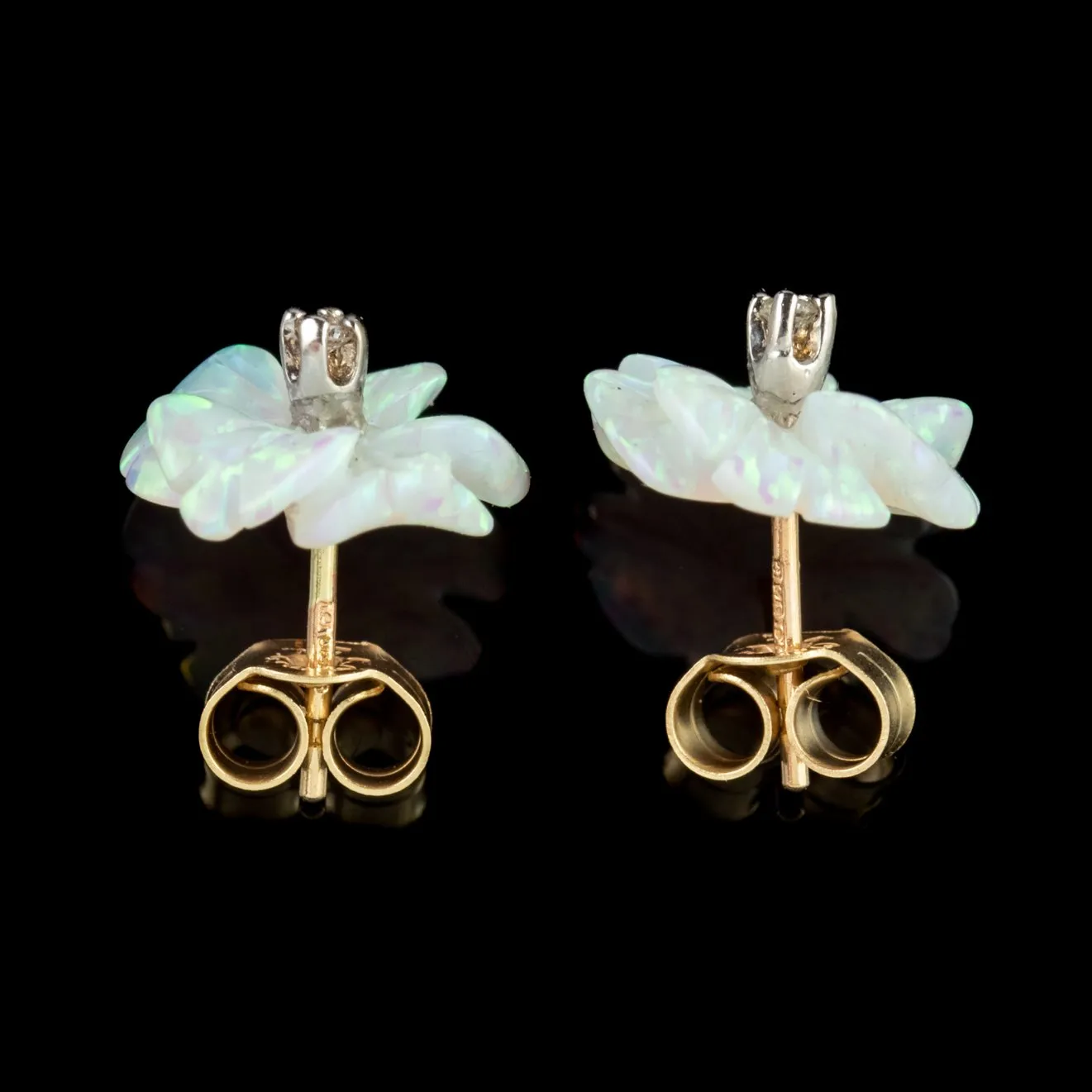 Victorian Style Opal Diamond Flower Stud Earrings 9ct Gold