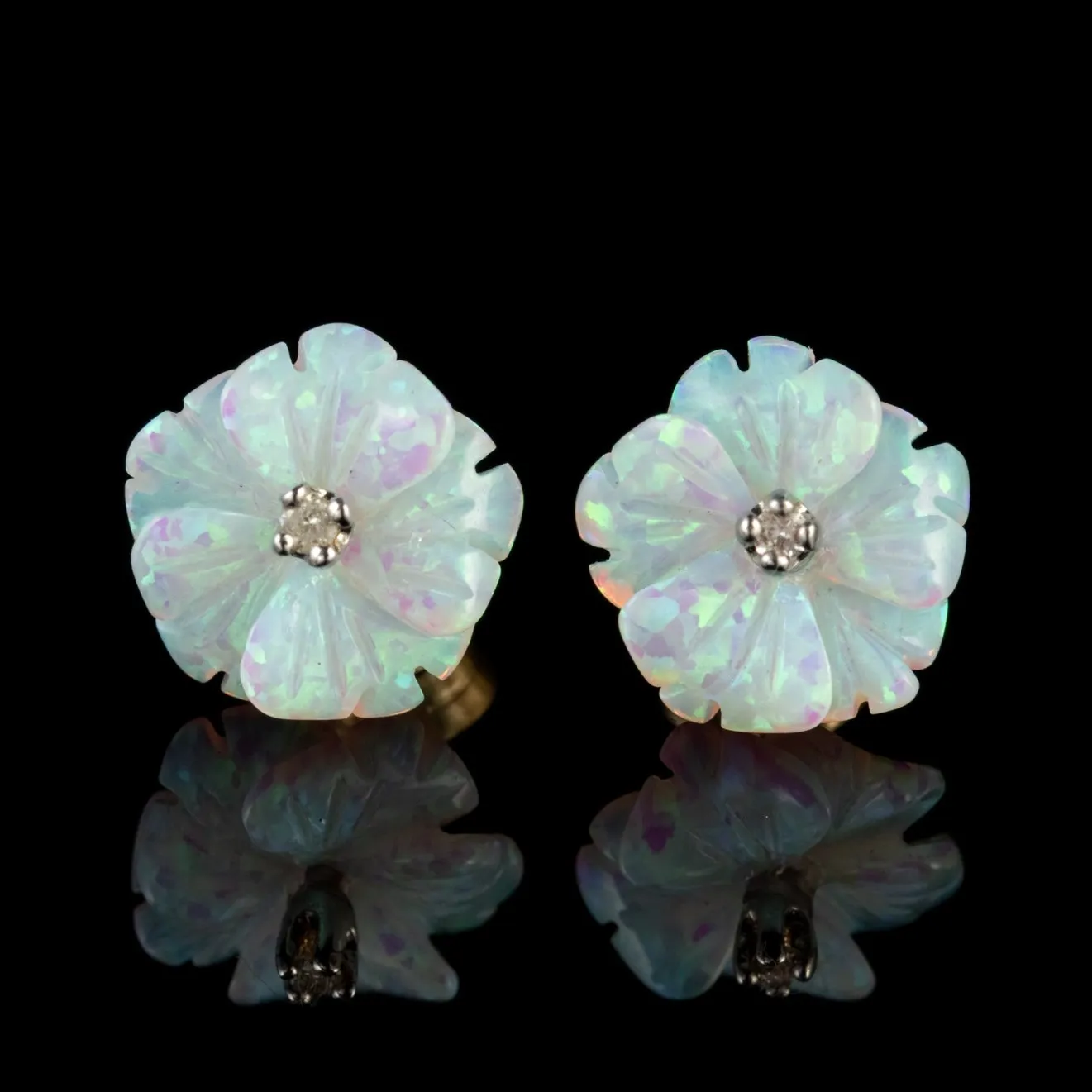 Victorian Style Opal Diamond Flower Stud Earrings 9ct Gold