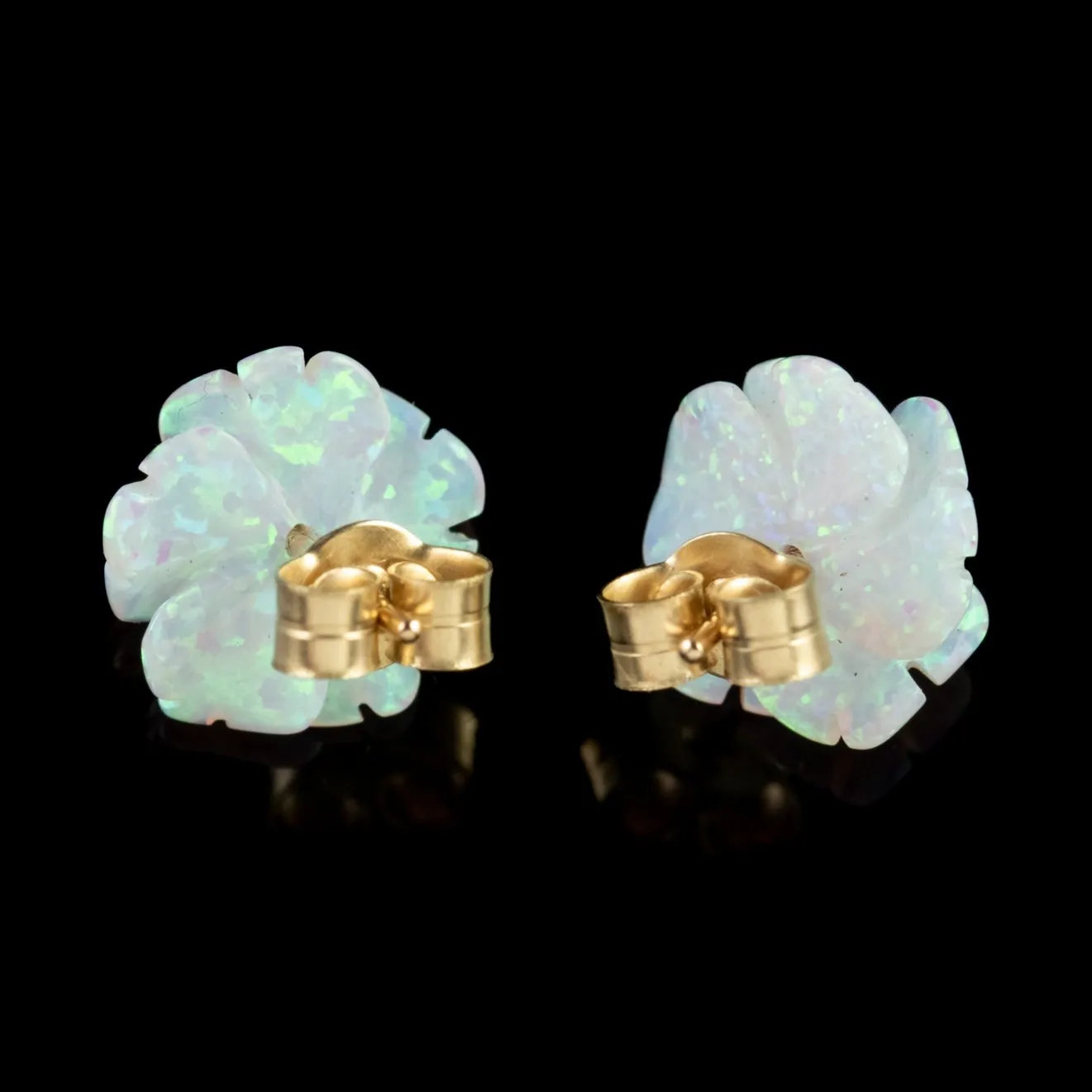 Victorian Style Opal Diamond Flower Stud Earrings 9ct Gold