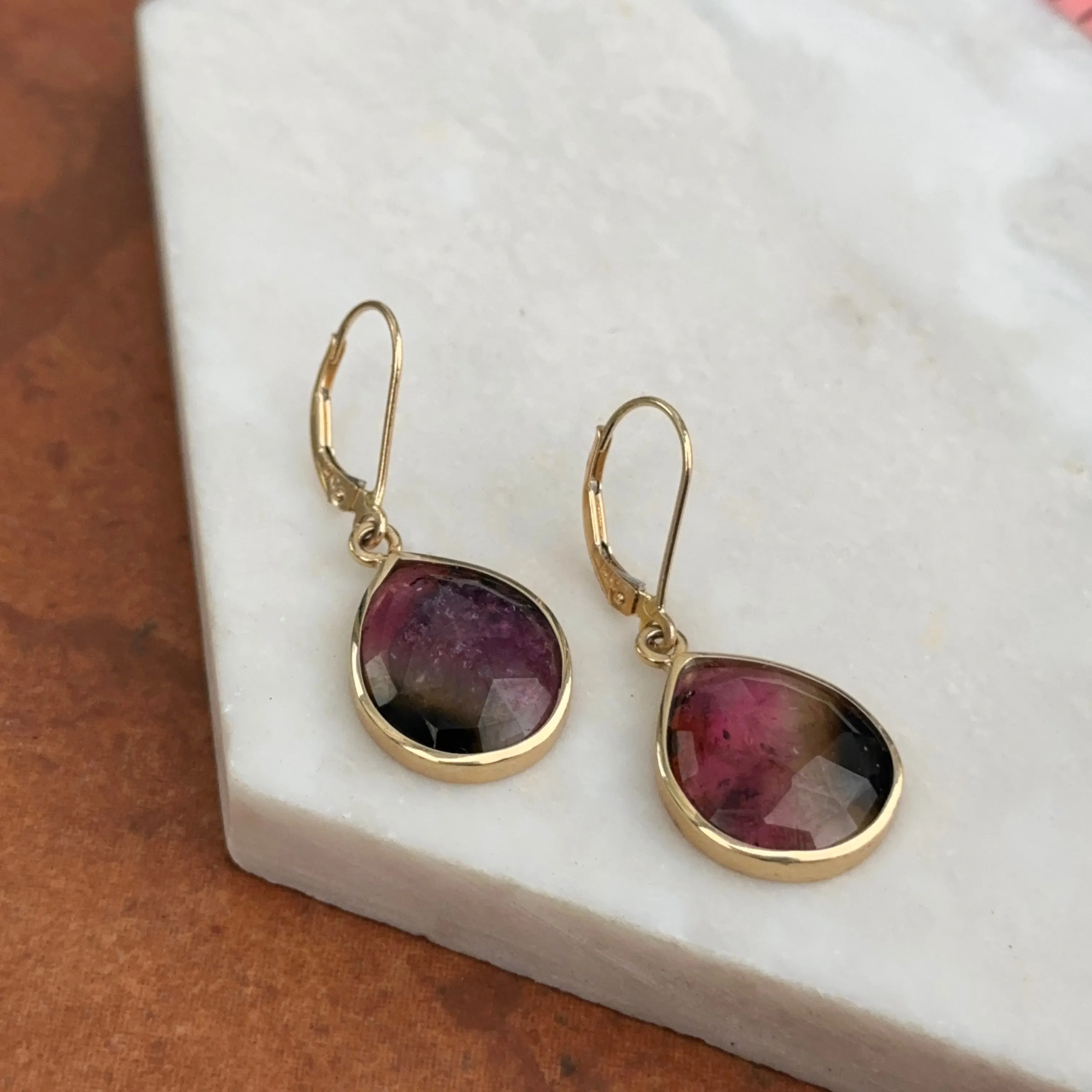 Vintage 14KT Yellow Gold Watermelon Pink Green Tourmaline Teardrop Leverback Drop Earrings
