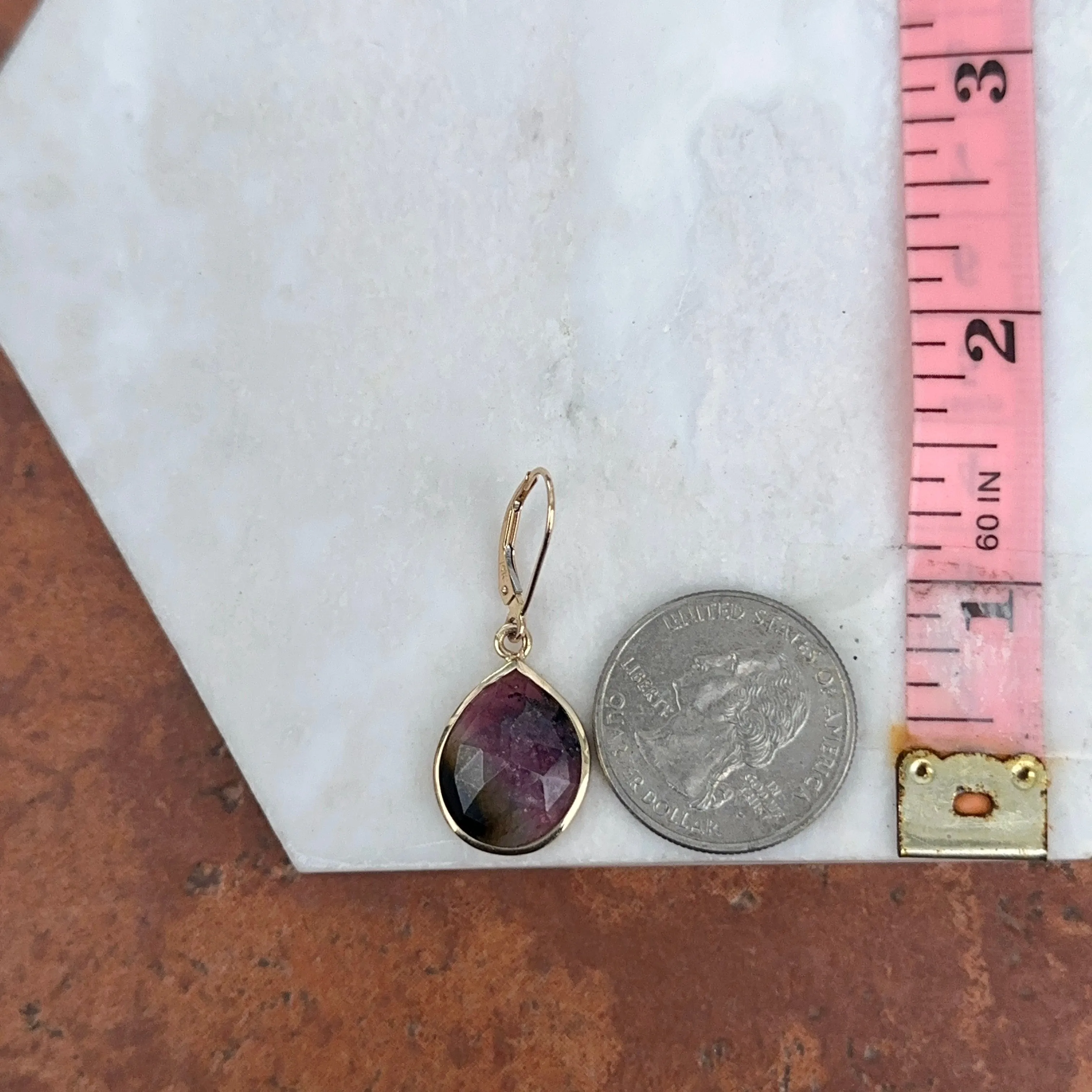 Vintage 14KT Yellow Gold Watermelon Pink Green Tourmaline Teardrop Leverback Drop Earrings