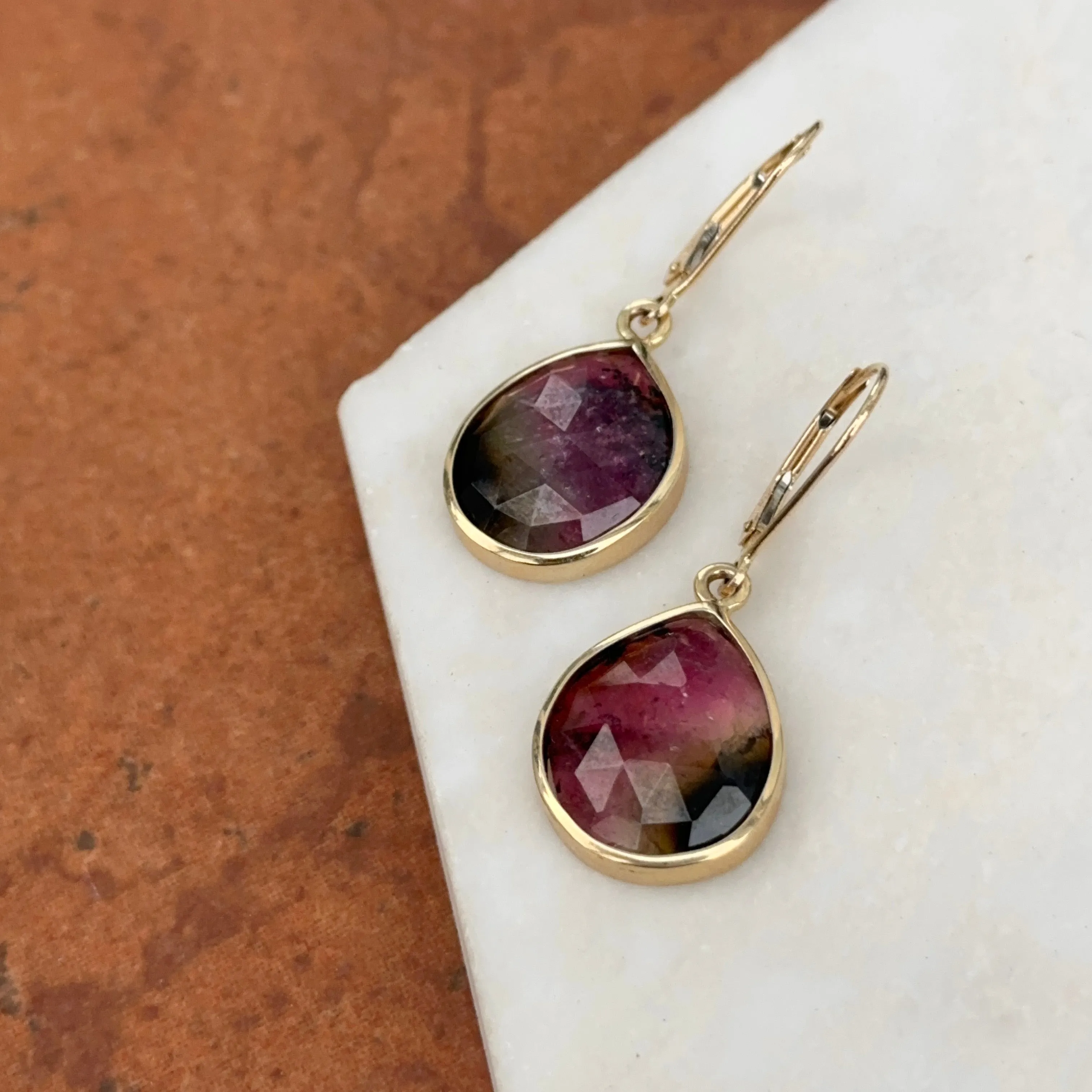 Vintage 14KT Yellow Gold Watermelon Pink Green Tourmaline Teardrop Leverback Drop Earrings